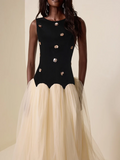Hit Color Hollow Out Dresses for Women Round Neck Sleeveless High Waist Spliced Mesh Long Dress Female