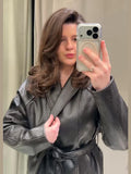 Women's Chic Lapel Oversized PU Leather Jacket Casual Full Sleeve Drop Shoulder Belted Coat Lady 2026 Spring Chic Streetwear