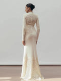 Solid Color Elegant Party Vestido Women'S Spliced Mesh Sequin Slim Long Sleeved Maxi Long Dress