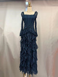 Wedding Guest Pink Square Collar Lace Maxi Dress for Women Corset Bodice Long Sleeve Tiered Ruffle Skirt for Luxury Dinner