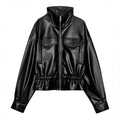 Fashion Women's Drawstring Short Leather Jacket Stand Collar Long Sleeve Ruffle Zipper Female Coat 2026 Autumn Lady Chic Jackets