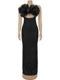 Sexy 3D Boutonniere Dress Women Stripes Hollow Sleeveless Lace Backless Stretch Skinny Party Fashion Activity Bodycon