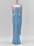 Light Blue Ruched Bodycon Mermaid Maxi Dress for Women for Cape Sleeve Design Draped Skirt for Red Carpet Award Ceremonies
