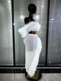 Mint White Color Women Mesh Ruffles Laced-up 2 Pieces Sequins Bodycon Long Dress Nightclub Bar Singer Party Performance Costumes