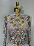 High Quality Women Sexy Rhinestone Pearl Mesh Transparent Dress Birthday Celebrate Dress Evening Party Dance Performance Costume