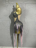 Singer Stage Nightclub Outfit Sexy Chic Gray Pink Glittering Beaded Fringed Halter Dress Performance Costume Dance Party