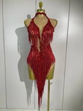 2026 New Sparkly Rhinestones Tassel Mesh Sexy See-Through Dress Latin Dance Outfits Women Bar Nightclub Show Party Stage Costume