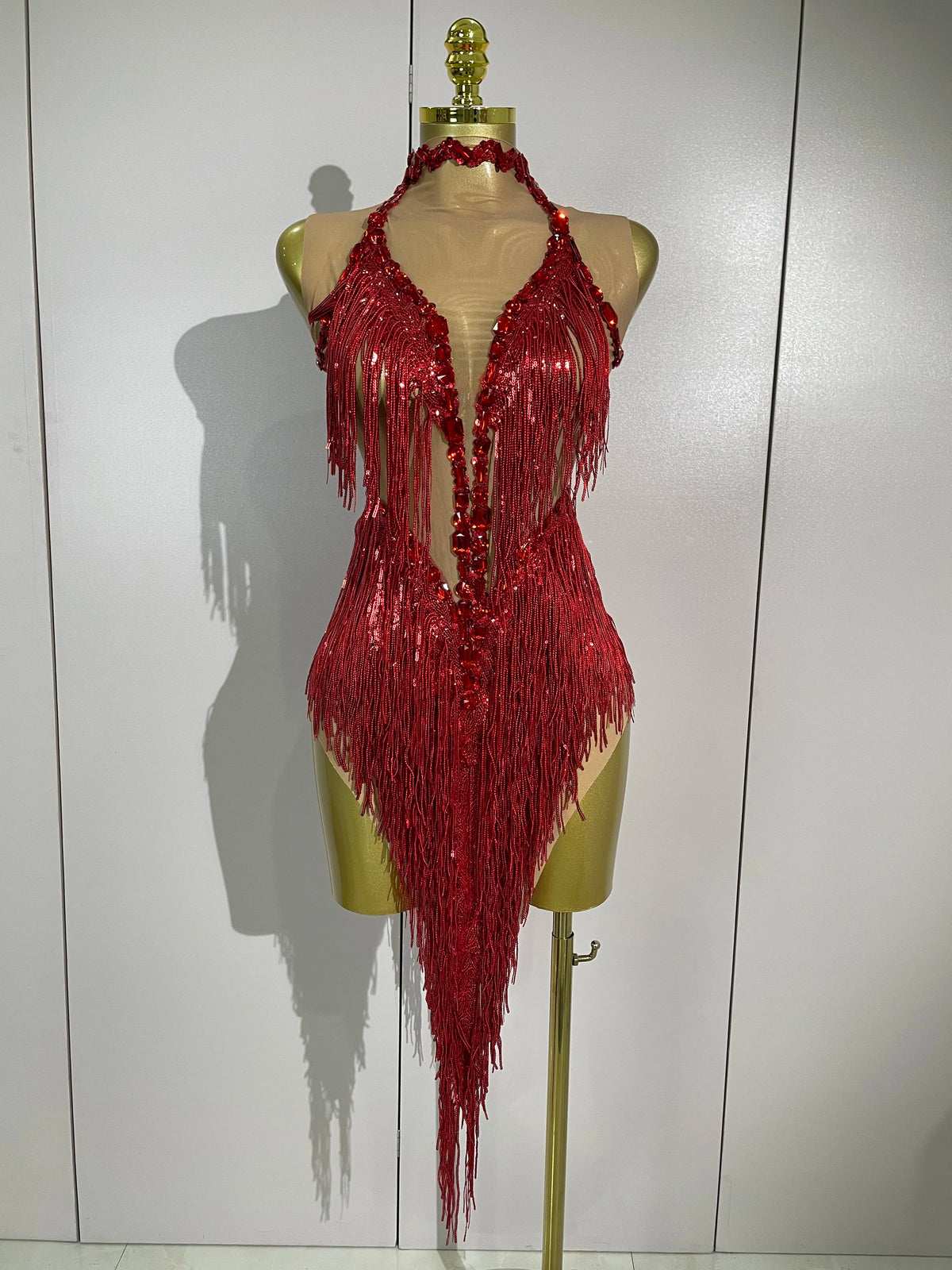 2026 New Sparkly Rhinestones Tassel Mesh Sexy See-Through Dress Latin Dance Outfits Women Bar Nightclub Show Party Stage Costume