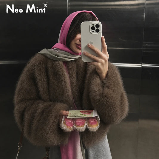 Chic Brand Icon Fashion Kendall Jenner Brown Gradient Faux Fur Jacket Women Winter New Luxury Cropped Fox Fur Coat