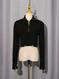 Fashion Spliced Metal Pin Two Piece Set for Women Stand Collar Long Sleeve Pullvers Mid Waist Bodycon Knee Skirt Suit Female