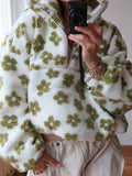 Fashion Floral Faux Lambswool Sweatshirt Women's Casual Zipper Pocket Loose Pullover Sweatshirt Autumn Festive Clothing