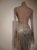 Luxury Sparkly Rhinestones Tassel Sexy See-Through Dress Women Latin Dance Outfits Bars Nightclub Party Perform Stage Costume
