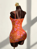 Lace Patchwork Print  Dress Women Sexy Trend Low-Neck See Through  Beach Vacation Party Clubwear Peach Hip Bodycon