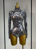 Luxury Rhinestones Mirrors Sexy Sheath Bodysuit Women Nightclub DJ Performance Costume Evening Party Celebrate Stage Wear