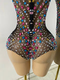 Sparkly Red Rhinestones Women Sexy Mesh See Through High Stretch Bodysuit Nightclub Performance Dance Costume Singer Stage Wear