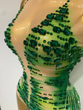 Green Sparkly Rhinestone Tassels Women Sexy Mesh Bodysuit Eveing Party Birthday Latin Dancer Nightclub Performance Stage Costume