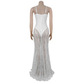 Women Spaghetti Straps Mermaid Evening Gown Wedding Guest Dress Sexy Sheer Padded Lace Backless Formal Party Maxi Dresses