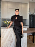 Satin Mermaid Maxi Dress Women Shoulder Pad Cutout Stand Collar Ruched Bodycon Evening Gown Wedding Prom New Hot Luxe Gowns 2026