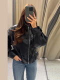 Fashion Women's Drawstring Short Leather Jacket Stand Collar Long Sleeve Ruffle Zipper Female Coat 2026 Autumn Lady Chic Jackets