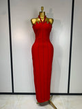 Women Luxury Design Halter Beading Bandage Dress Curve Bodycon Ankle Length Evening Party Birthday Cocktail Prom Dresses