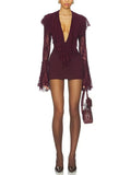 Sexy Club Burgundy Lace Plunge Bodysuit for Women Ruffled Design Long Flare Sleeves Slimming Bodysuits for Luxury Dinners