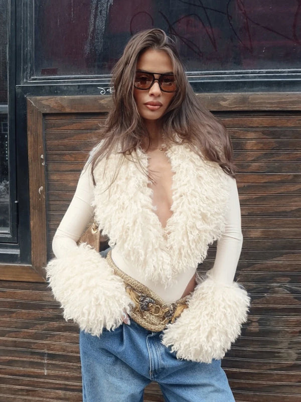 Patchwork Plush Bodysuits Women Deep V-Neck Sexy Autumn Winner Style Skinny Fashion Elasticity Midnight Streetwear