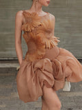 Fashion Orange 3D Floral Appliquet Mini Dress for Women Sleeveless O Neck Slim Sheer Tulle Puffed Skirt for Themed Parties
