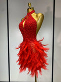 Sexy Halter Backless Feather Pearl Short Party Dress Women Luxury Rhinestone Celebrate Birthday Outfit Performance Dance Costume