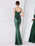 Women Spaghetti Strap Party Maxi Dress Sexy V Neck Evening Green Sequin Dress Elegant Long Prom Dress Vestido Longo