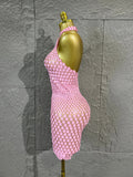 Pink Halter Neck 3D Scale Shell Sequin Mesh MiniDress Women Sheer Bodycon Short Dress For Club Night Out Cocktail Party