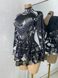 Flashing Rhinestones Mirrors Long Sleeve Dress Performance Singer Dancer Costume Bar Nightclub Party Stage Wear Birthday Vestido