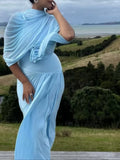 Patchwork Shawl Bodycon Party Maxi Dresses for Women O Neck Short Sleeve High Waist Evening Temperament Folds Dress Female