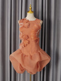 Fashion Orange 3D Floral Appliquet Mini Dress for Women Sleeveless O Neck Slim Sheer Tulle Puffed Skirt for Themed Parties