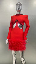 2026 Luxury Ostrich Feather Glam Hollow Red Bandage Dress Christmas Party Dinner Performance Wear Cocktail Formal Evening Gown
