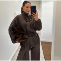 Women Stand Collar Knitted Two Piece Set Belted Long Sleeve Sweater Top Wide Leg Pants 2026 Autumn Winter Casual Knit Outfit