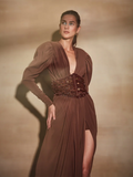 Women Brown Beaded Corset Design Maxi Dress V Neck Long Sleeves Waist Cinching Slim Dresses Fashion Evening Party Gowns