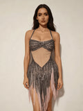 Singer Stage Nightclub Outfit Sexy Chic Gray Pink Glittering Beaded Fringed Halter Dress Performance Costume Dance Party