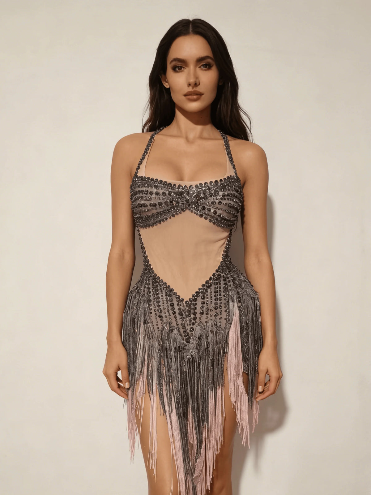 Singer Stage Nightclub Outfit Sexy Chic Gray Pink Glittering Beaded Fringed Halter Dress Performance Costume Dance Party