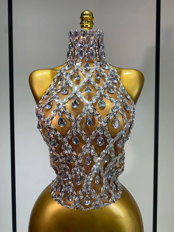 Sparkly Slver Rhinestone Sequins Mesh See Through Top Women Sexy Nightclub Evening Party Backless Spicy Girl Stage Outfit