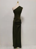 Solid Slimming Dresses for Women Slanted Collar Sleeveless High Waist Temperament Dress Female Fashion