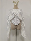 Vintage Patchwork Fish Bone Tunic Blouse for Women O Neck Puff Sleeve Spliced Zipper High End Shirts Female Autumn