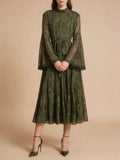 Elegant Vintage Green Lace Midi Dress for Women High Neck Sheert Flare Sleeve Belted Waist Desgin for Luxury Dinners Party