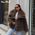 2026 Winter Lulicore Fashion Brown Faux Fur Coat Women Chic Autumn Warm Fluffy Sheep Fur Jacket Big Fur Collar Overcoat