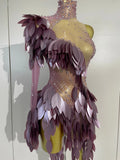 Luxury Diamonds Birthday Evening Party Bar Nightclub Stage Costume Sexy Purple One Shoulder Mesh See Through Bodycon Mini Dress