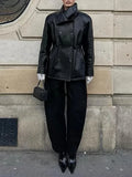Black Slimming Leather Jacket for Women Lapel Long Sleeve Patchwork Double Breasted Fashionable Coat Female Autumn