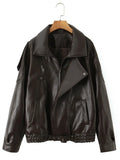 French Retro Pu Leather Jacket for Women Stand Collar Long Sleeve Patchwork Button Temperament Loose Coat Female
