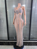 Shinning Sequins Women Sexy Halter Backless Mesh See Through Bodycon Long Dress Celebrate Nightclub Party Birthday Outfit