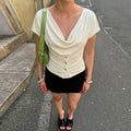 Women Summer Top Fashion Button-Front Patchwork V-Neck Pleated Fitted Top New Casual High-Street Party Female T-Shirts