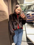 Women's Brown Faux Fur Cropped Jacket Fashion Stand Collar Single Breasted Pocket Casual Coat Lady 2026 Spring Chic Outerwear