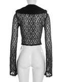 Patchwork Fur Collar Lace t-Shirt Women See Through Single-Breasted Full Sleeve v-Neck Skinny Sexy Midnight Crop Tops